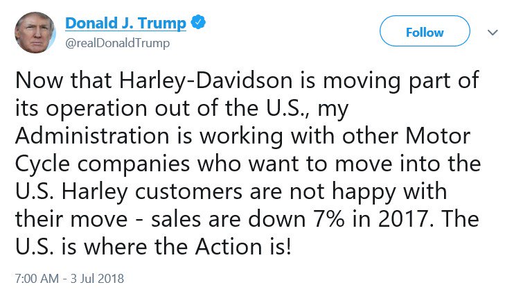 The president says that a company's sales dropped in 2017 because its customers were unhappy with a move it announced in 2018.