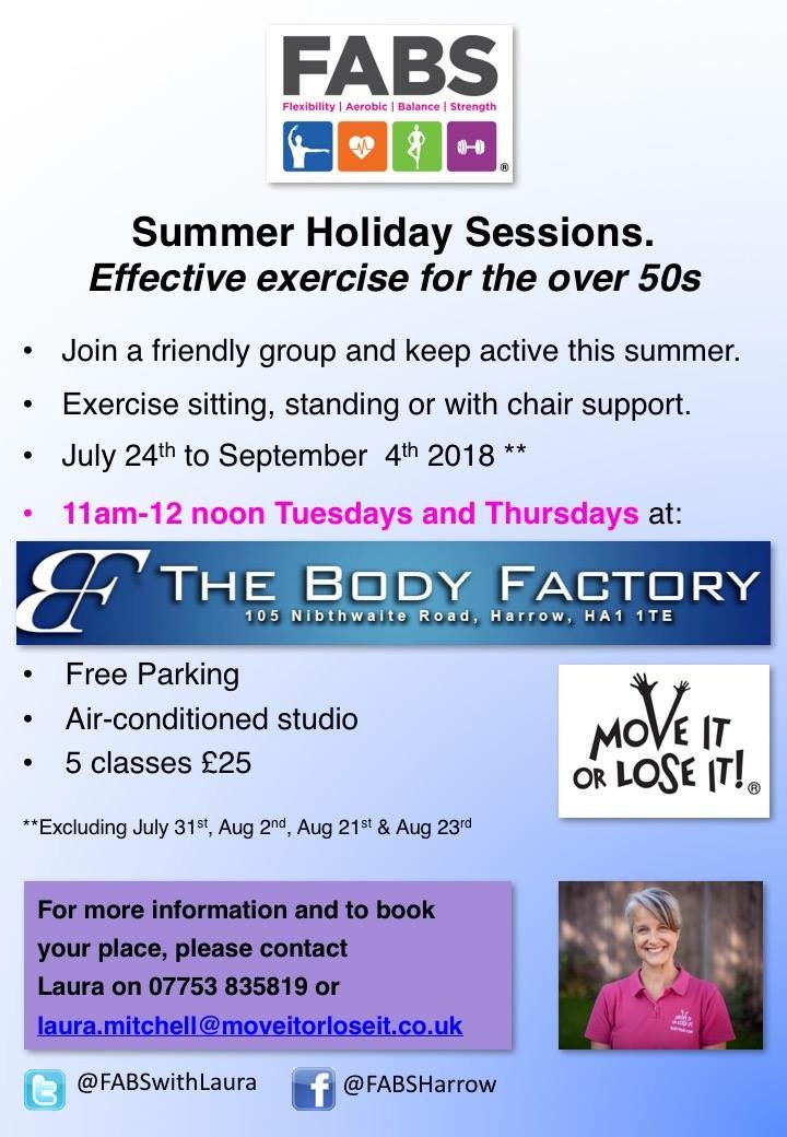 FABSwithLaura's tweet photo. Summer sessions are GO!! Spaces are limited for each session so book your place ASAP. #moveitorloseit #activeageing #activesummer #coolstudio @BodyFactoryUK @moveitorloseit1 https://t.co/EZehBD43vY