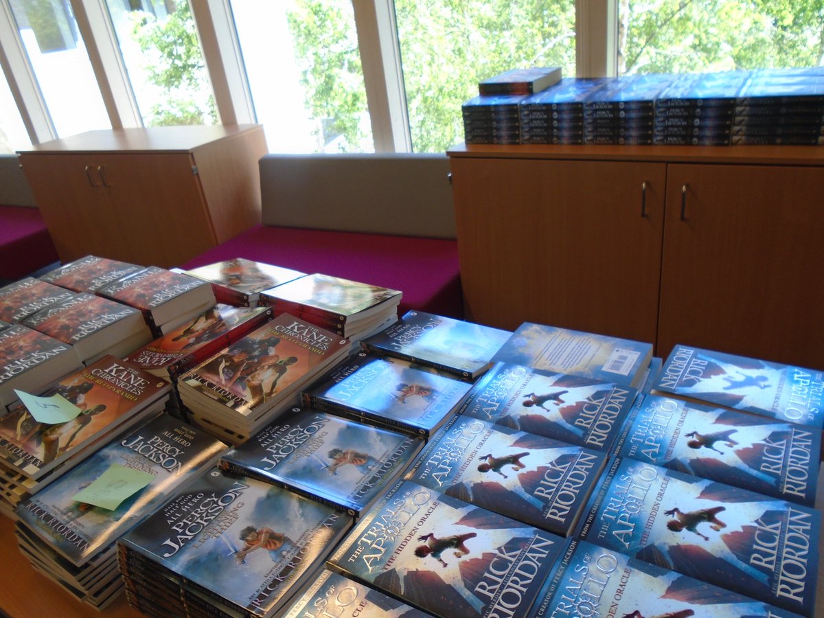 LibraryHHS's tweet photo. We're welcoming our new Y7s to school today with books by one of our favourite authors, @camphalfblood Now the question is which they'll prefer: Greek half-bloods or Egyptian magicians? https://t.co/v22R3YSswu