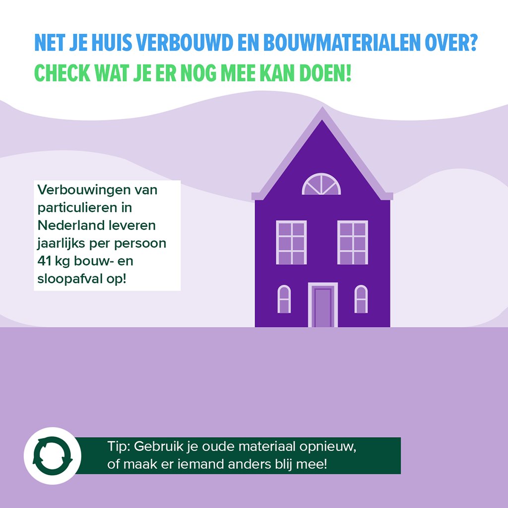 milieucentraal's tweet photo. Een #verbouwing zorgt vaak voor een hoop #sloopafval. Wat doe jij met oude #bouwmaterialen? #NLCirculair #afval #huis #milieu https://t.co/VHhPvangSP