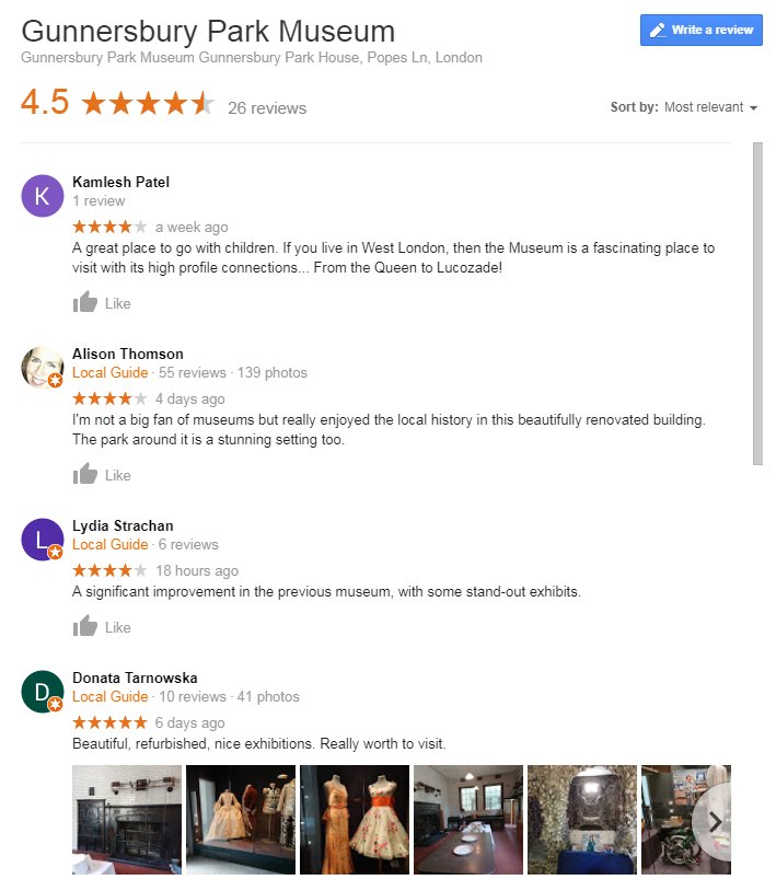 Our most recently opened museum Gunnersbury Park <a href="/Gunnersbury1/">Gunnersbury Park & Museum</a> is getting some really lovely reviews on Google