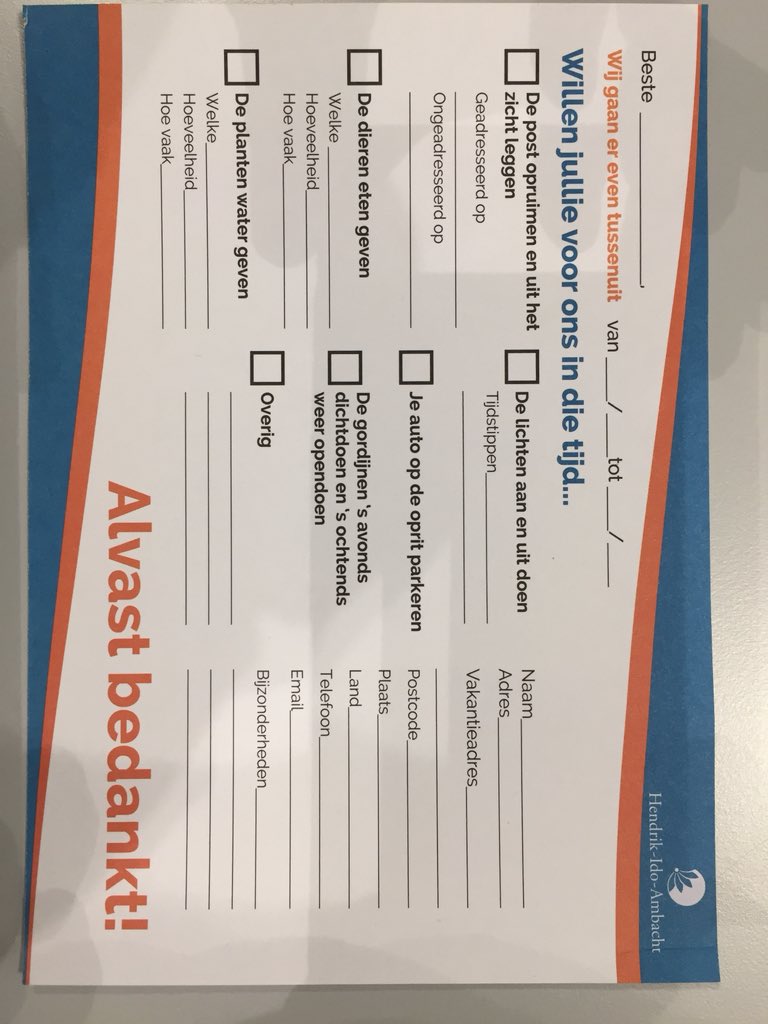 Ambachtveilig's tweet image. Binnenkort op vakantie? Stel uw buren, familie of kennissen op de hoogte. Vraag hen regelmatig uw woning te controleren. Vul hiervoor de gratis vakantiekaart in! Af te halen bij @gemeentehia