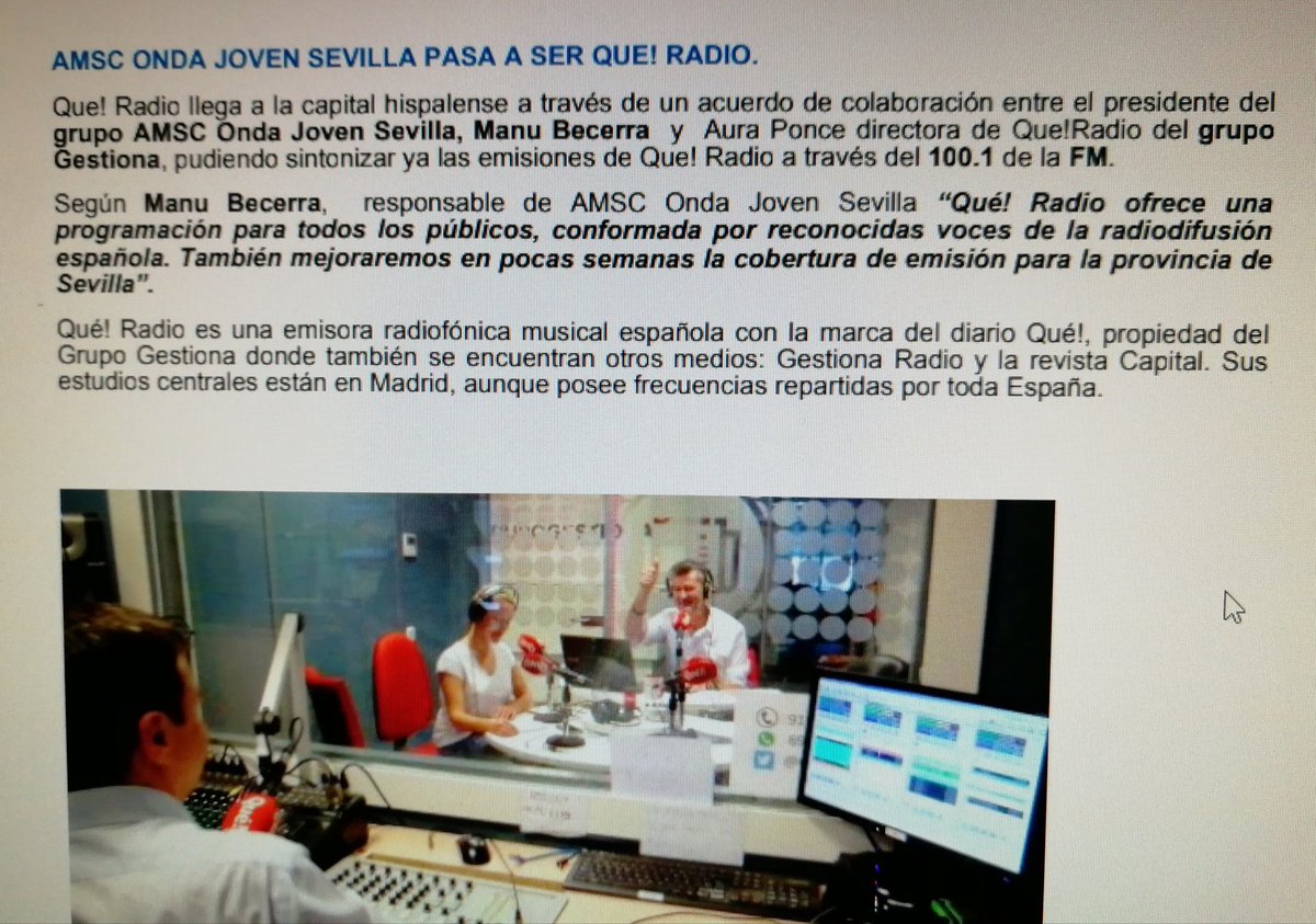 GRANVIARADIOfm's tweet photo. AMSC Onda Joven Sevilla pasa a ser Qué! Radio.
#QueRadio https://t.co/qVYGV9C13O