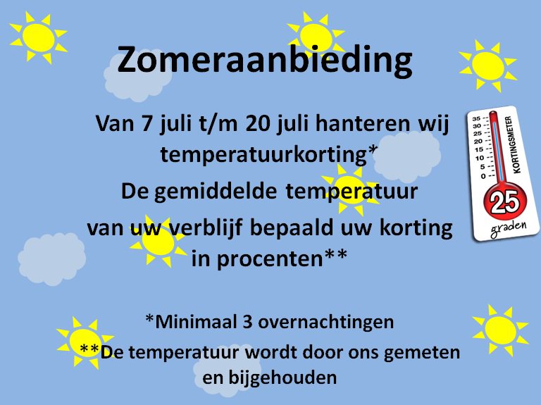 Het is bijna zomervakantie, en dat gaan we vieren. Kom genieten op ons prachtige park en profiteer van deze leuke korting.

Van 7 juli t/m 20 juli kunt u profiteren van de temperatuur korting. De gemiddelde temperatuur van uw verblijf bepaalt de korting in procenten.
