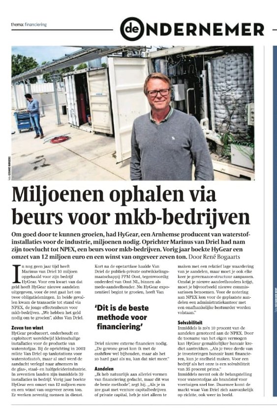 npex's tweet image. Prachtig artikel in De Ondernemer over aan NPEX genoteerde HyGear! 
€ 10 mln gefinancierd via NPEX in minder dan 1 jaar tijd. 
bit.ly/2tPItAt  
#financiering #mkb #NPEX #Hygear