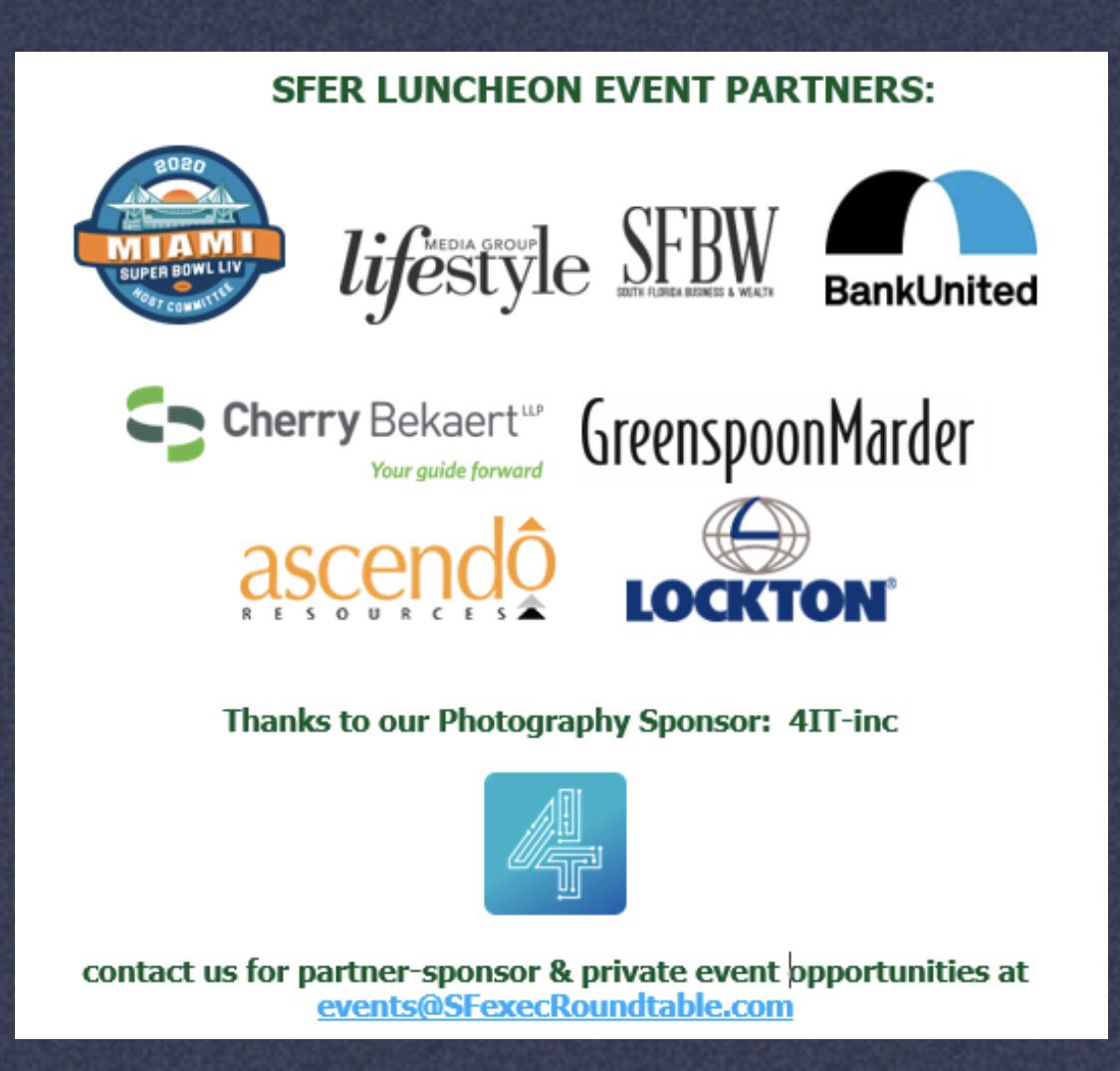 SFexecRoundtabl's tweet photo. @MiamiSup @Carlos.Migoya @Matt.Hashem @Sol_Rashidi @Marc.Stone @LandsbergDavid highlight our next Executive Roundtable Lunch MIAMI meeting... details https://t.co/J5cyxUd7Tc https://t.co/u7avHUcMGH