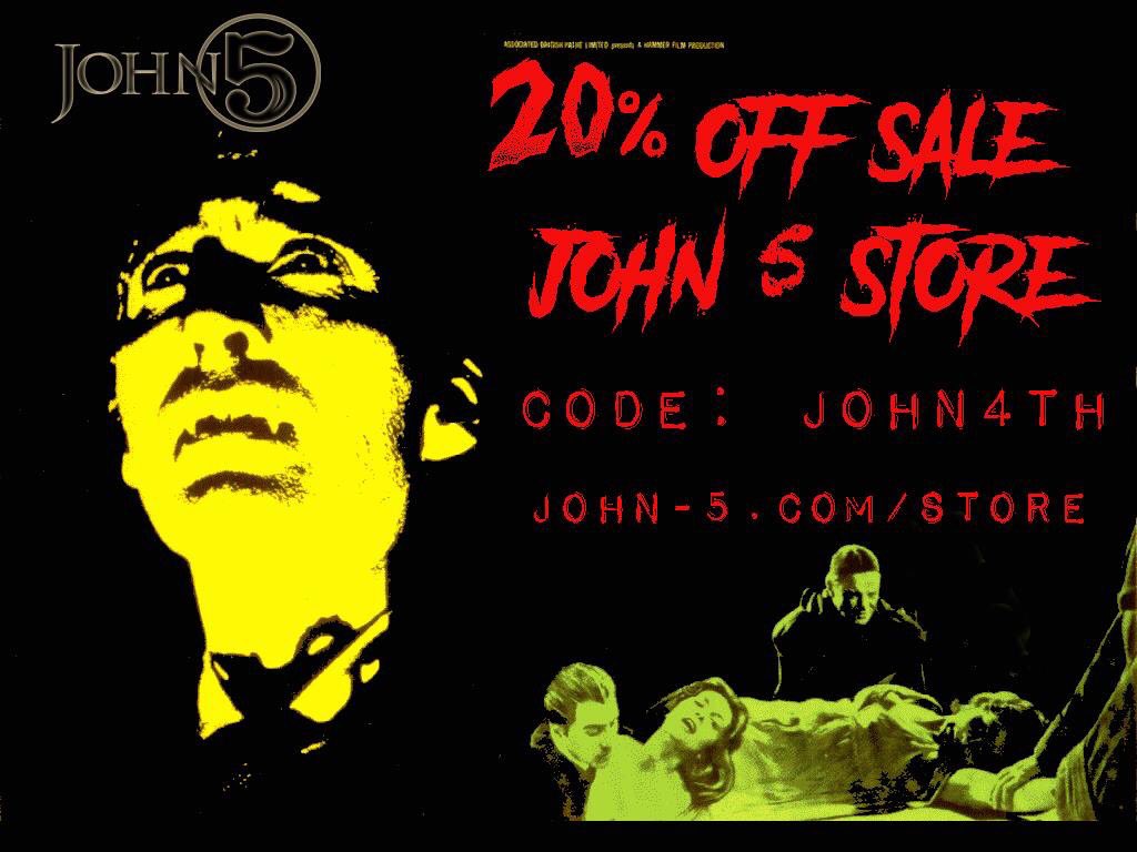 john5guitarist's tweet photo. 20% off all @J5officialstore items (stock items only, not VIP) using the code john4th at checkout! When you see the items in your shopping cart - Add the code to COUPON section and click 'Apply Coupon'  Get in there! https://t.co/MhYYHu1GxG https://t.co/vyxSDW28Lm