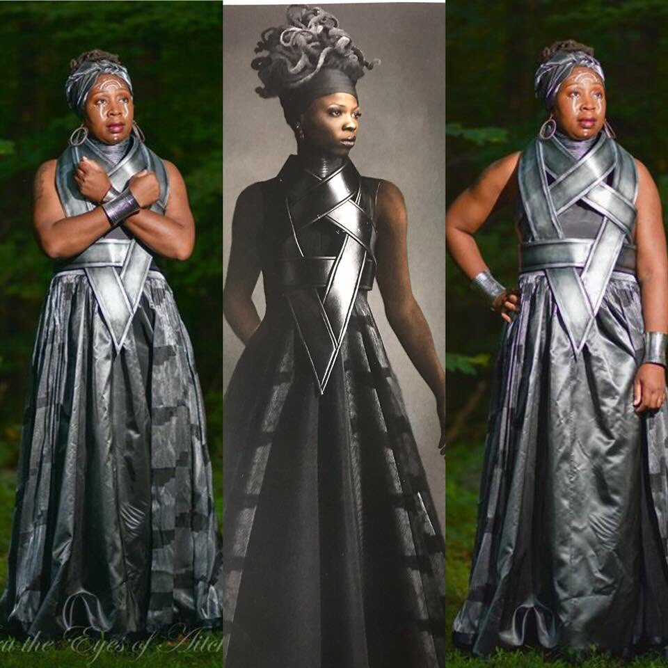 BishopCosplay's tweet photo. BTW in case you didn't know, people of all ages and sizes can #cosplay.  You don't have to be a skinny, twenty something person to do it.  This is how you cosplay Ramonda at fifty.  Also, my forty something wife built this.

#BlackCosplayerHere #WakandaForever #blackpanther https://t.co/fNFmqD7XEi