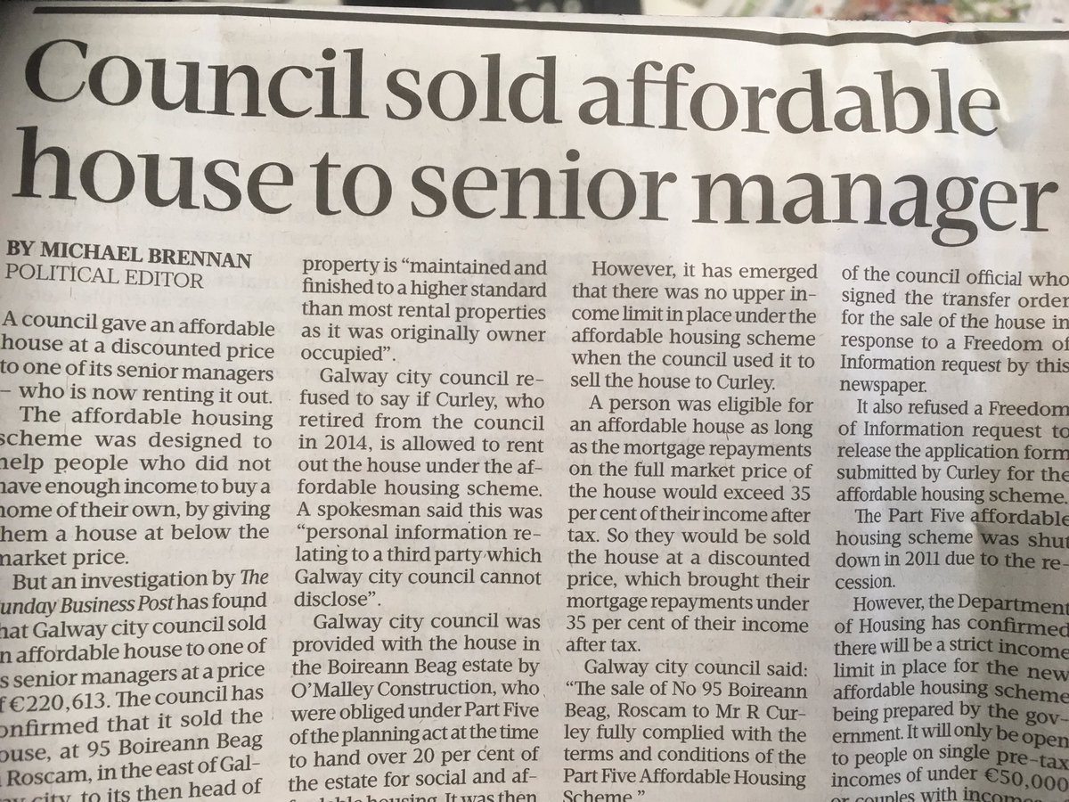 Incredible story, deserves sharing again. 

Galway city council sold an affordable home (meant for those on low incomes) to one of its senior managers. 

He's now renting it out!

businesspost.ie/news/council-s…