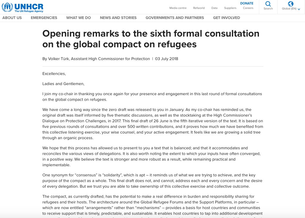 ICVA_Displaced's tweet image. Now online: Opening remarks by @Refugees AHC-P, Volker Türk, at the 6th #GCR Consultation today: bit.ly/2NjKblP #RefugeeCompact #NYDeclaration #CRRF