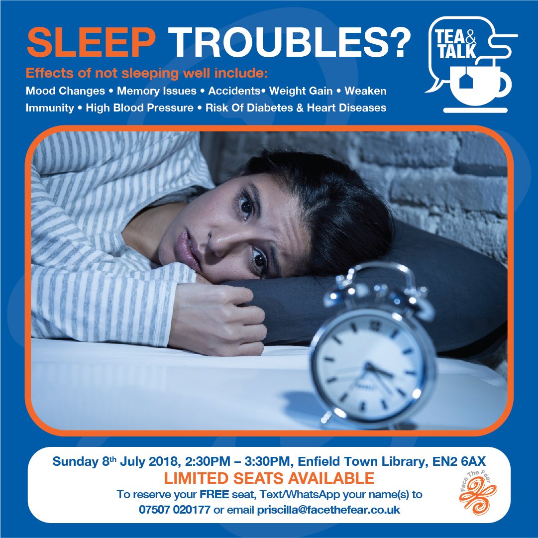 enfieldlibrary's tweet photo. Don't forget: there's a free Tea and Talk on at the end of this week at #Enfield Town Library to chat about the effects of not sleeping well https://t.co/STHgUyHzgD
