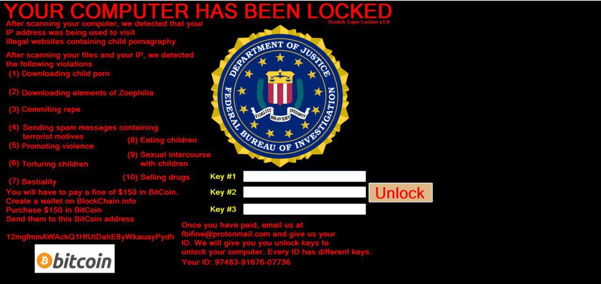 GarWarner's tweet image. Thanks for the laugh @MalwareSecrets - #ransomware screenshot of the day. #8 Eating children??? yeah, I'd lock your computer for that!