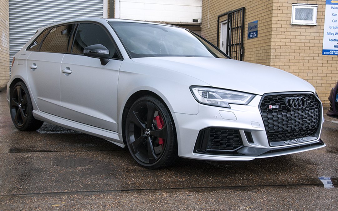 eurotint's tweet image. #Audi #RS3 in #mattesilver #frozensilver finish. Windows smoked with #solargard 35% tint, #glossblack wheels. Let us know your thoughts