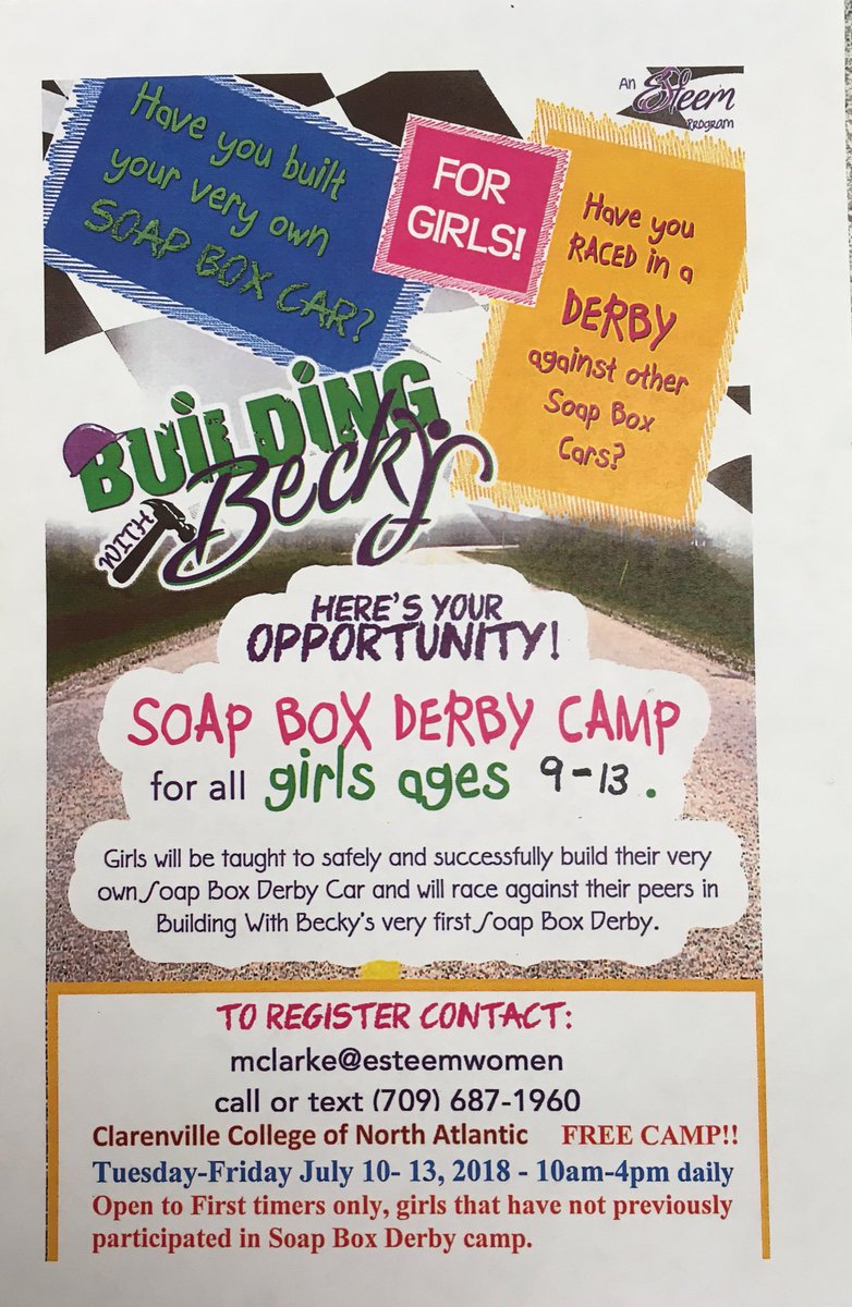 EsteemWomen's tweet photo. Clarenville we are one week away from Soap Box Derby Camp Girls ages 9-12 are welcome to join us! @ClarenvilleTown https://t.co/ttb57Db4WC
