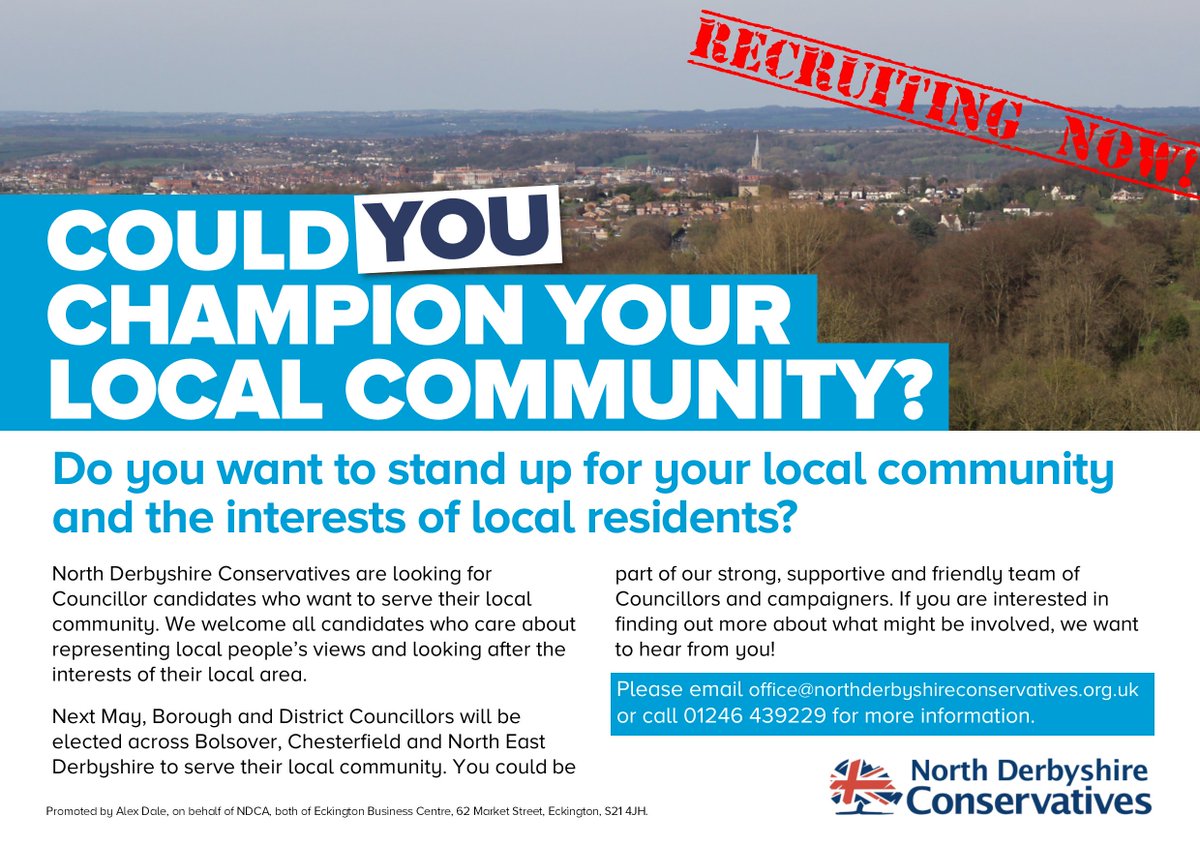 Live locally in the Bolsover, Chesterfield or North East Derbyshire area? Interested in championing your community as a local Conservative Councillor? If so, we want to hear from you! Email us at office@northderbyshireconservatives.org.uk for more information.