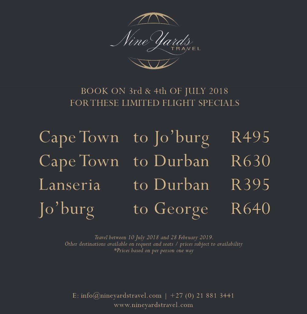 Amazing flight specials available today / tomorrow ONLY for travel between 10Jul’18 to end Feb’19 email us info@nineyardstravel.com #premiumatplay