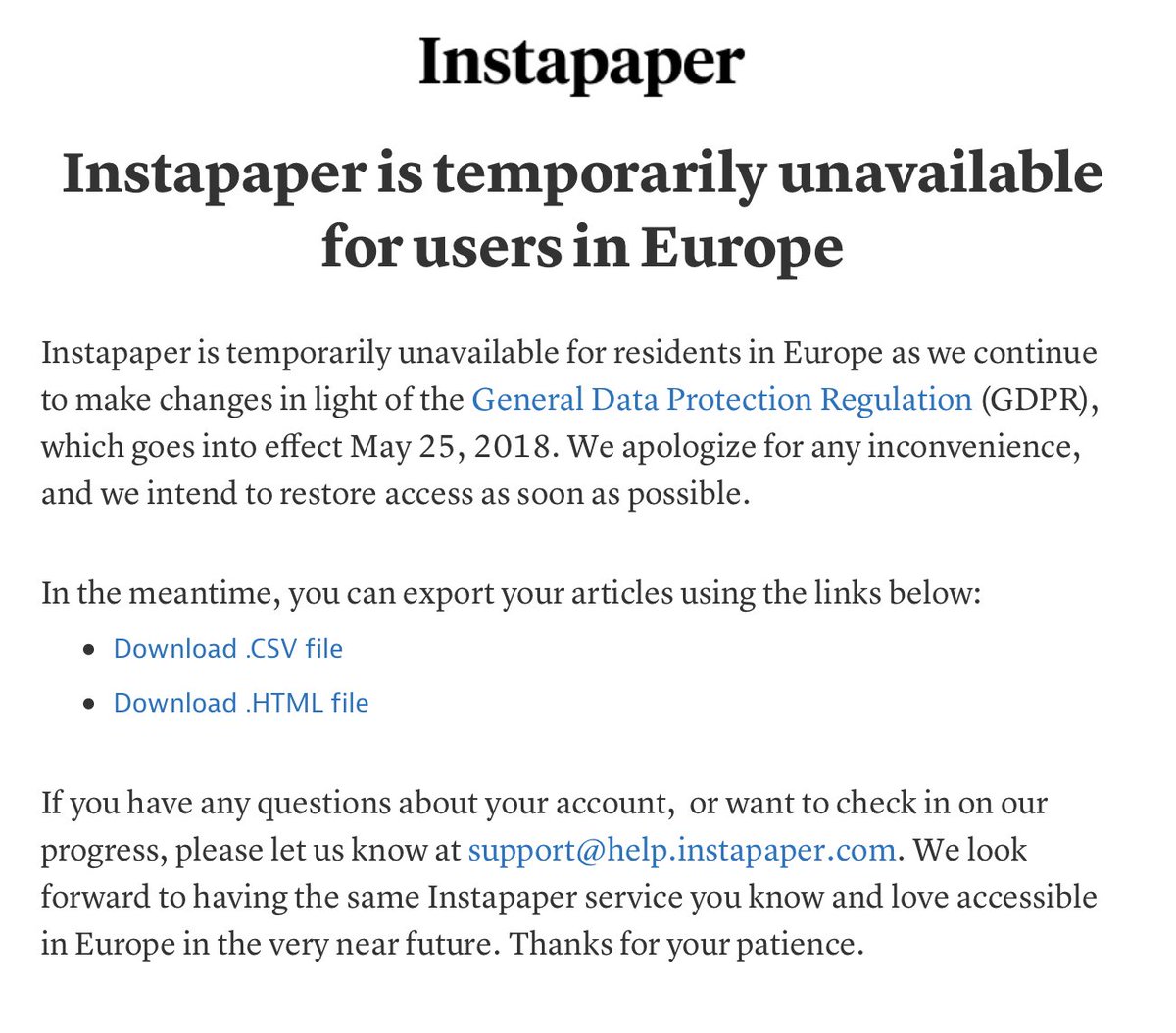 matthutchin's tweet image. Come on @instapaper ... whats going on? #GDPRFail
