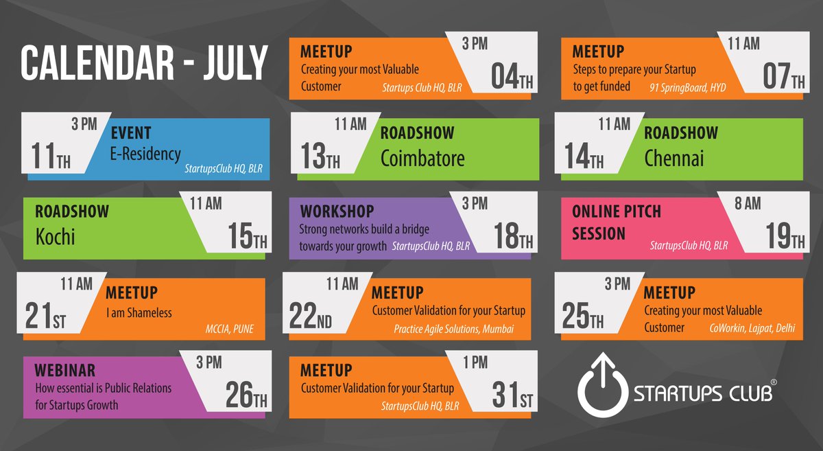 Taking you through our Schedule for the month of July.Pick your dates and city according to your convenience.

startupsclub.com

#StartupsClub #Calendar #MonthlyMeetings #Entrepreneurs #Connect #Network #Growth #Events