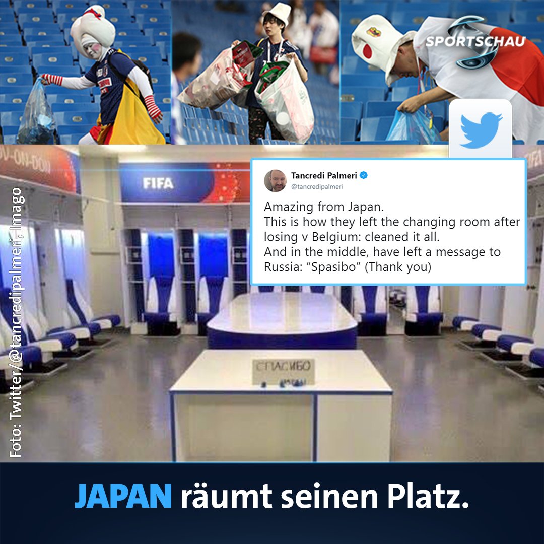 sportschau's tweet photo. Nach dem bitteren WM-Aus haben Japans Spieler ihre Kabine gewissenhaft aufgeräumt und nur einen Zettel hinterlassen. Darauf steht "Cпасибо" Russisch für "Danke". #BELJPN https://t.co/WcwVfCwu6U