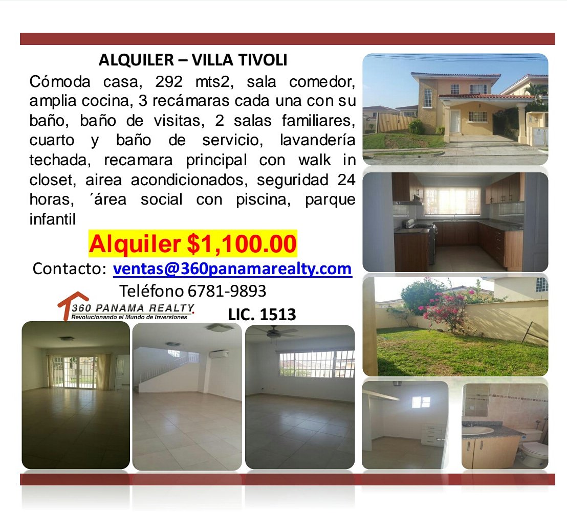 360PanamaGroup's tweet photo. #AlquilerEnPanamá SE ALQUILA cómoda residencia en Villa Tivoli, cerca de Brisas del Golf, $1,100 https://t.co/1BVNkE1FFc