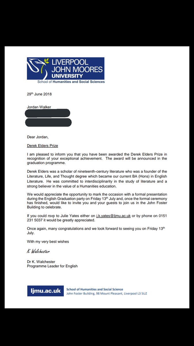 JordanLWalker97's tweet photo. Beyond pleased to be receiving the Derek Elders Prize at my graduation ceremony this month! https://t.co/6YPP2SyDA5