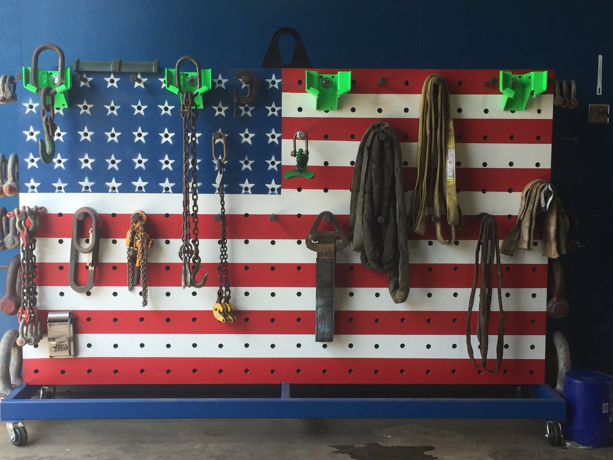 SlingsUnlimited's tweet photo. Finally...One of the most versatile, & certainly the most patriotic, rigging racks we've seen. It would look great in your facility too! Contact Slings Unlimited, LLC for help with your rigging stowage challenges. #rigging #riggingrack #riggingtree #5S #riggingsafety #gotnylons https://t.co/gP2M2ltaeJ