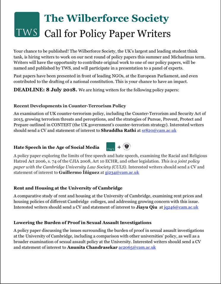Guillermo Ăñiguez (@guilleiniguezm) on Twitter photo CALL FOR WRITERS - I will be editing a joint policy paper by <a href="/TWSCambridge/">The Wilberforce Society</a> and the <a href="/camlawsoc/">Cambridge University Law Society</a> on hate speech in the age of social media. Anyone interested in writing should send a CV and a statement of interest to gi234@cam.ac.uk by July the 8th. Hope to hear from many of you! CALL FOR WRITERS - I will be editing a joint policy paper by <a href="/TWSCambridge/">The Wilberforce Society</a> and the <a href="/camlawsoc/">Cambridge University Law Society</a> on hate speech in the age of social media. Anyone interested in writing should send a CV and a statement of interest to gi234@cam.ac.uk by July the 8th. Hope to hear from many of you!