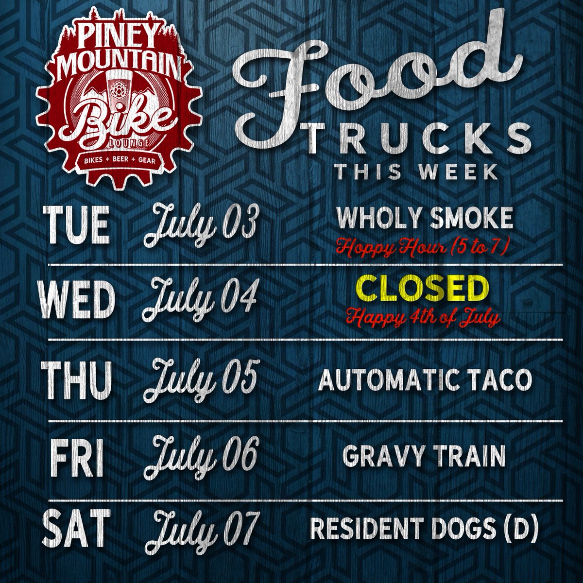 Food Truck schedule for this week. As  always, subject to change at a moments notice! (L) = Lunch. (D) =  Dinner.  Tuesday - Hoppy Hours 5 to 7 Wednesday CLOSED for the 4th of  July #yeahthatgreenville #yeahthatbikelounge #greenville360 #gvltoday #gvlbeer #iongreenville