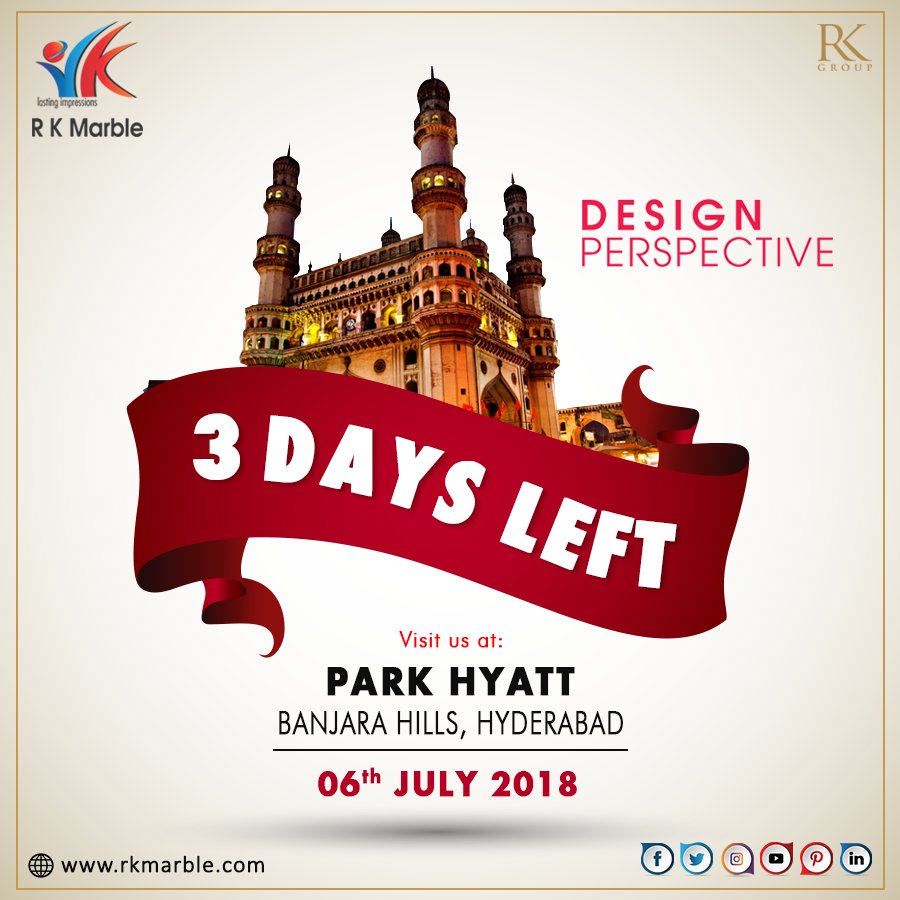 rkmarblegroup's tweet photo. 3 #DaysLeft!
#DesignPerspective #Hyderabad 06 July 2018!

#RKMarble #Countdown #DaysLeft #Marble #LastingImpressions #DesignPerspective2018 #ArchitectureCommunity #ArchitecturesInIndia #Technology #Buildings #Home #House #Decor https://t.co/MjRCU4HnvD https://t.co/Oa0vjvyPmq