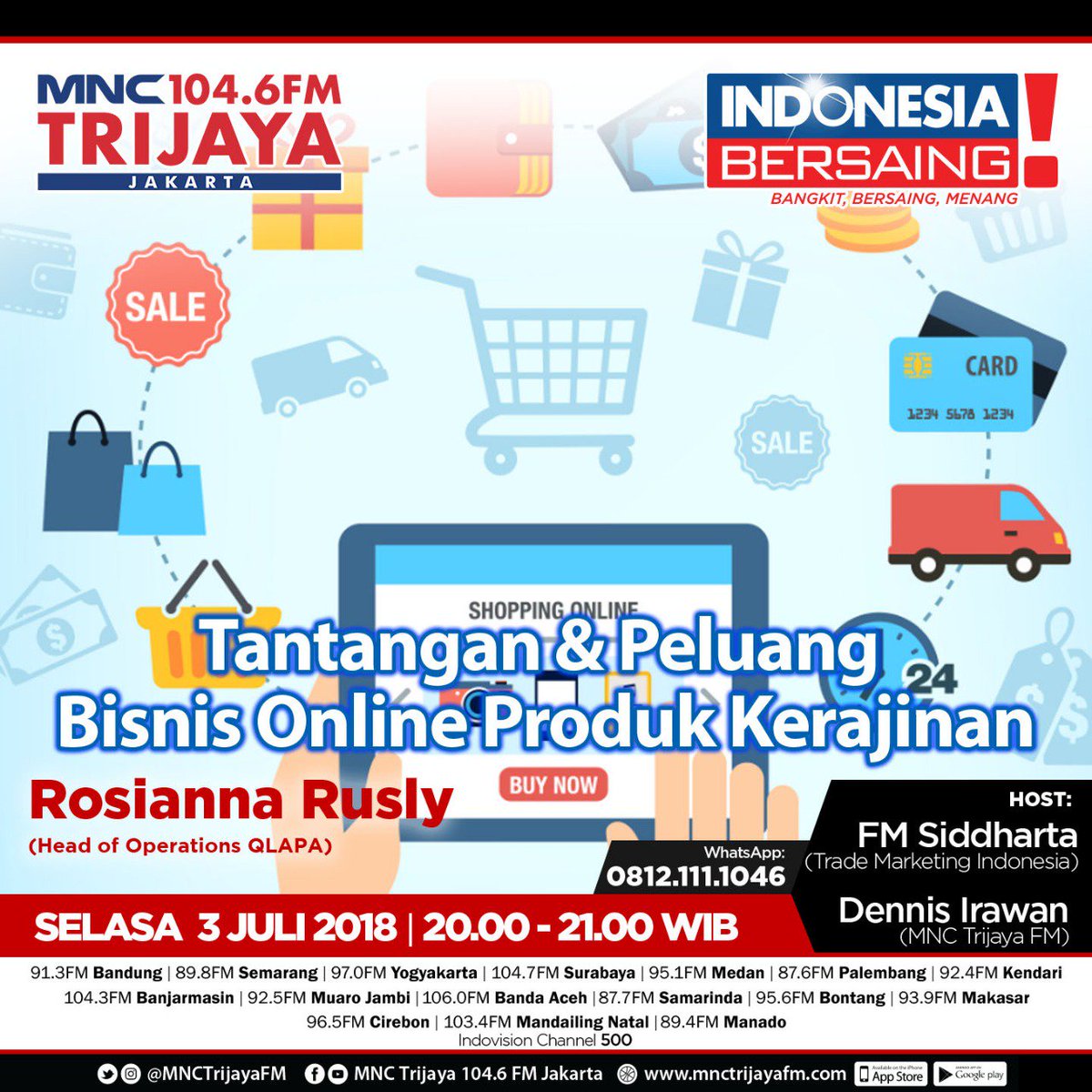 Telah banyak produk kerajinan asal Indonesia yang sudah dipasarkan ke seluruh dunia, terutama via online. 

Apa sebenarnya Tantangan &amp; Peluang Bisnis Online Produk Kerajinan Indonesia?

Simak selengkapnya dalam #IndonesiaBersaing malam ini pukul 20-21 WIB, di 104.6 MNC Trijaya FM
