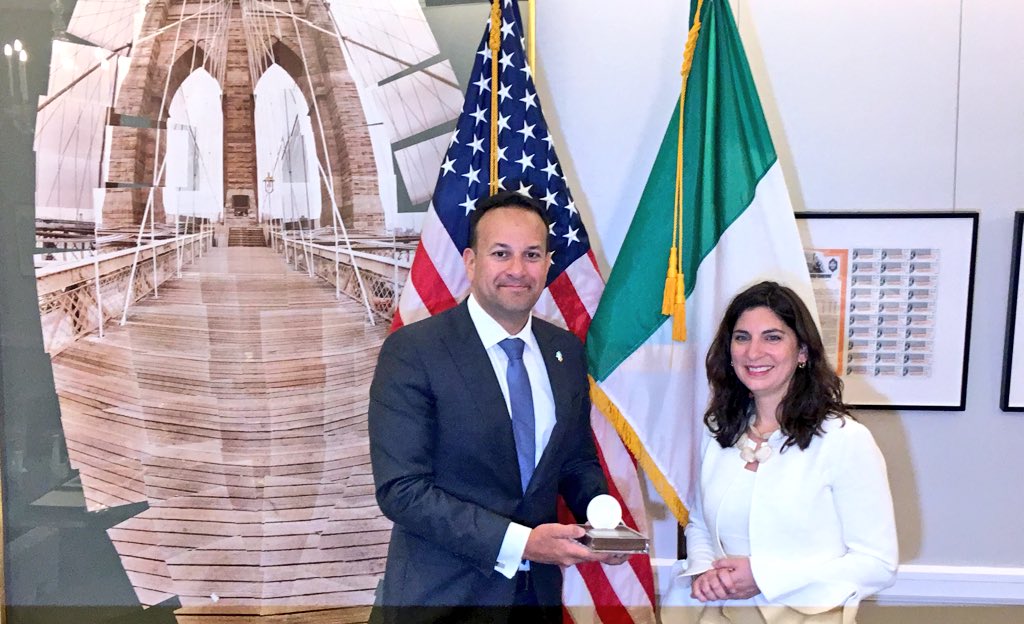 LeoVaradkar's tweet image. Signing the book with Stacey Cunningham, the first female leader of the New York Stock Exchange in its 226 year history. And with a surname like that you won’t be surprised to hear her family are from Donegal. #NYSE #GlobalIreland