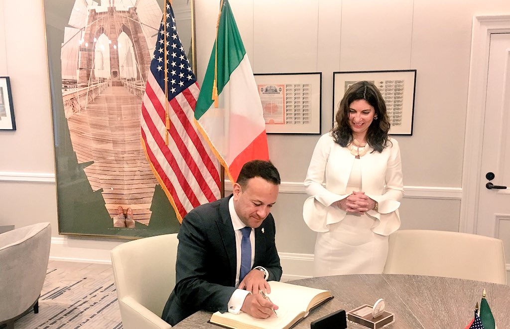 LeoVaradkar's tweet image. Signing the book with Stacey Cunningham, the first female leader of the New York Stock Exchange in its 226 year history. And with a surname like that you won’t be surprised to hear her family are from Donegal. #NYSE #GlobalIreland