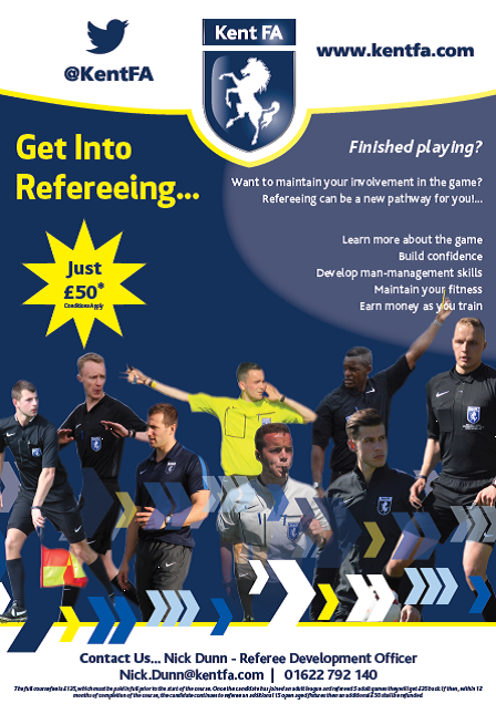 Want to be a Kent Referee? 
We have released dates for this season's 'Get Into Refereeing' courses, a pre-requisite to getting your Referee Badge! 
Find out more and sign up here 👉 ow.ly/2zwE30hNYj0 ⚽️🏟️