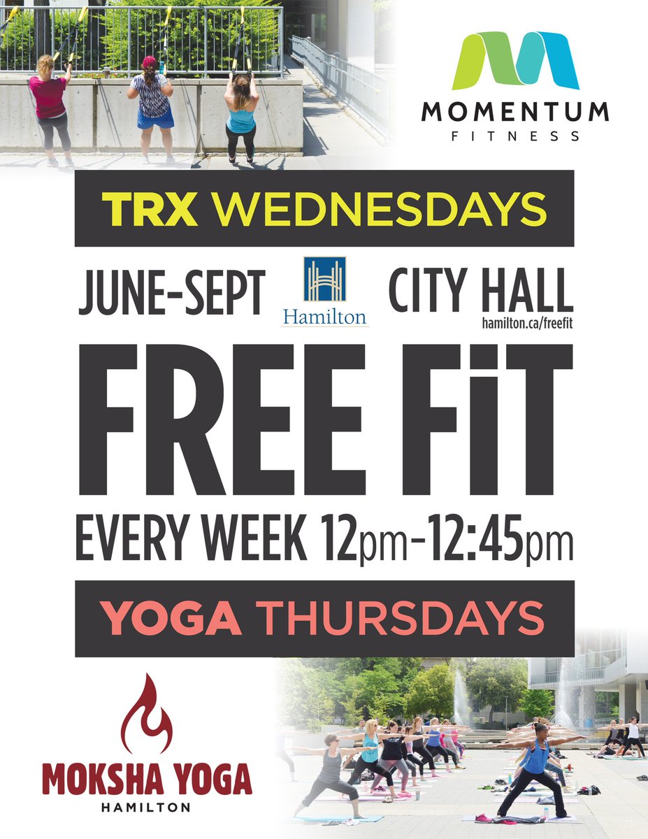 cityofhamilton's tweet image. #FreeFitCityHall is back! TRX workouts on Wednesdays and outdoor yoga on Thursdays! Join us all summer long, bring some hydration and enjoy! #HamOnt