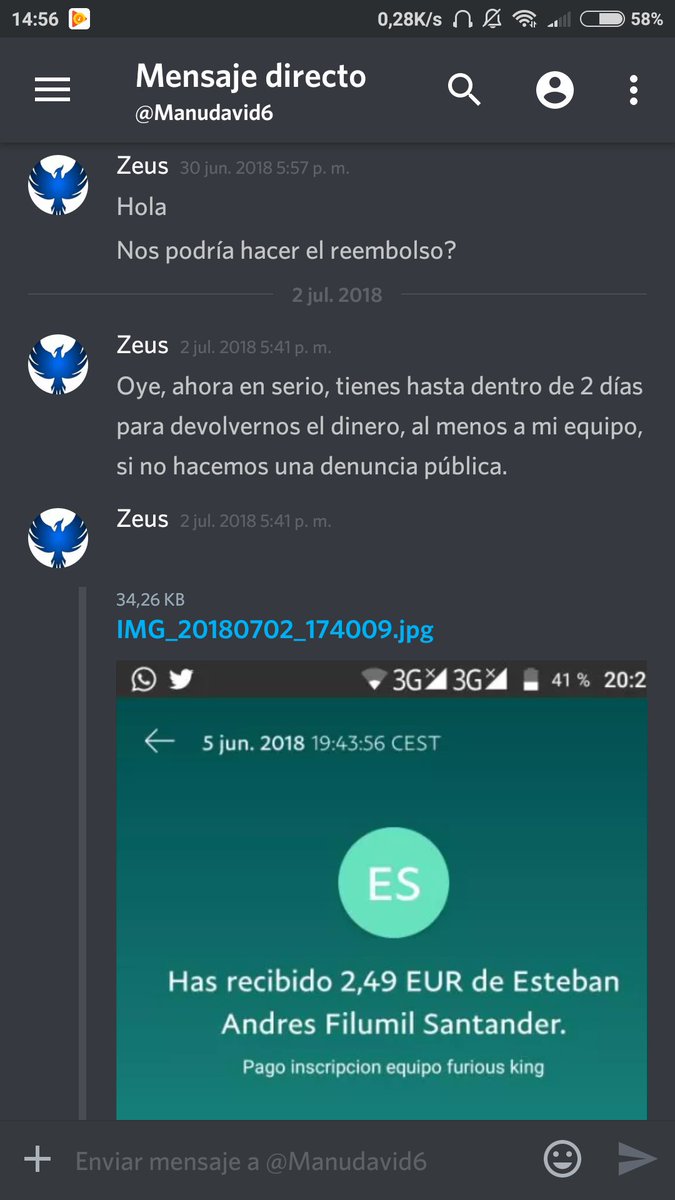 Hace un mes pagamos para entrar a la liga @templar_union_c que se suspendió hace 2 días porque no había organización y nunca empezaba. Pedimos el reembolso a @Manu_CROfficial, el organizador que se ha ido del server sin devolver nada. 
Difusión por favor.🙏
Pruebas en el hilo 👇