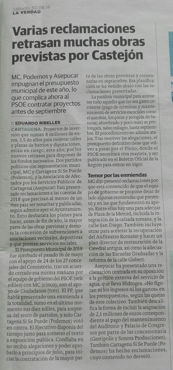 La alcaldesa de Cartagena se queja de q la reclamación de ASEPUCAR le va a retrasar las inversiones previstas, cuando lleva a aprobar el Presupuesto 2018 con 6 meses de demora.
La principal obra debe ser la restauración de la legalidad en un ayto corrupto al servicio de HIDROGEA