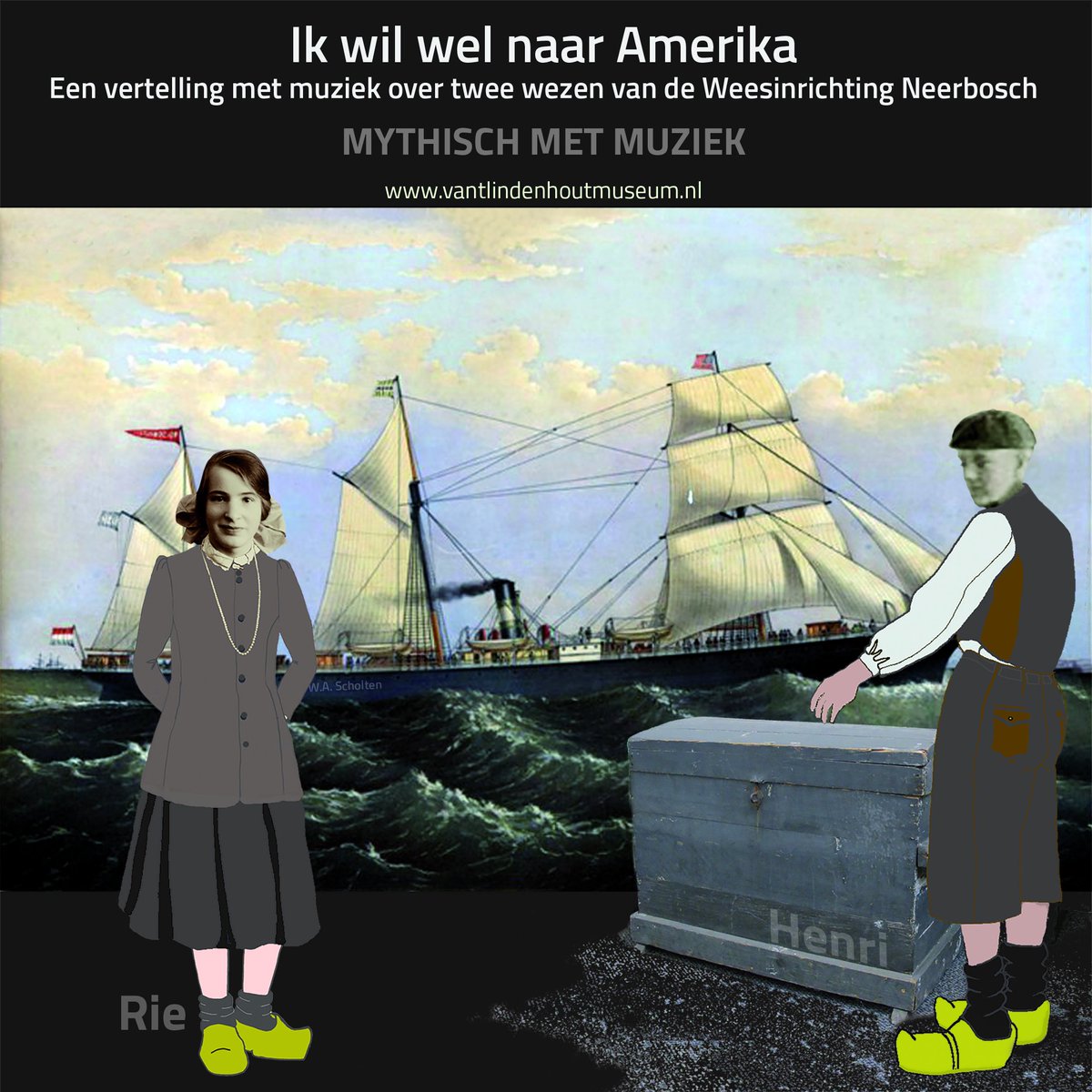 Kom vrijdagavond 6 juli naar de muziekvertelling 'Ik wil wel naar Amerika' in <a href="/vantlindenhout/">VantLindenhoutmuseum</a> museum en hoor het verhaal van de weeskinderen Rie en Henri. Info: bit.ly/2J6hjz2.