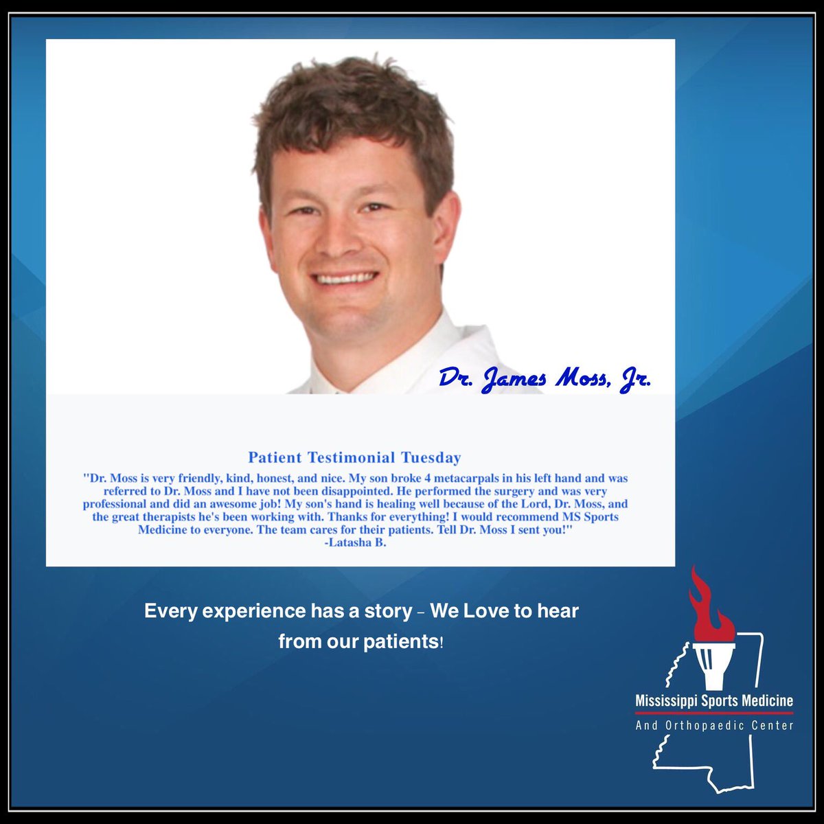 MissSportsMed's tweet photo. Patient Testimonial Tuesday!
"Dr. James Moss is very friendly, kind, honest and nice....my son broke 4 metacarpals in his hand....he performed the surgery.....he did an awesome job!" -Latasha B.
Learn more:https://t.co/cKqUHHra3B #mastersofone #msmoc #drmoss #mssportsmedicine https://t.co/ssc1B9tn6n