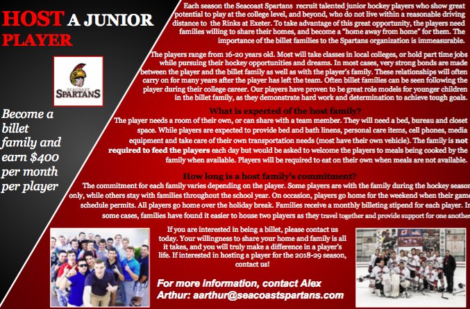 Spartanshcky's tweet photo. Billet families needed for @SeacoastSpartan U16/U18 players! https://t.co/MH0wdmWFNh