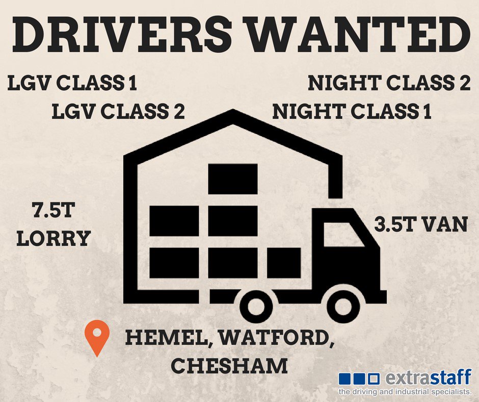 extrastaff's tweet photo. Are you a driver or know of any? Extrastaff Watford are currently looking for drivers for various roles. LGV CLASS 1 AND 2, NIGHT DRIVER CLASS 2, CLASS 1 NIGHT DRIVERS, 3.5TONNE VAN DRIVERS, 7.5TONNE LORRY DRIVERS. CALL 01923 229999 for more information. #driving #drivingjobs https://t.co/eRa9pMScsg