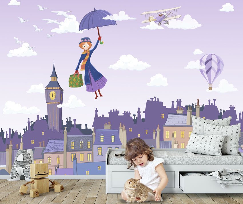 AlwaysWallpaper's tweet photo. A new version of our Mary Poppins children's mural in lilac tones #etsy #etsydecor #EtsySeller #mural #childrensmural #childrensroom #childrensdecor #wallpapermural #fotomural #marypoppins ⁦⁦⁦@Etsy⁩ #muralinfantil #roomforkids https://t.co/6IQ985THgp