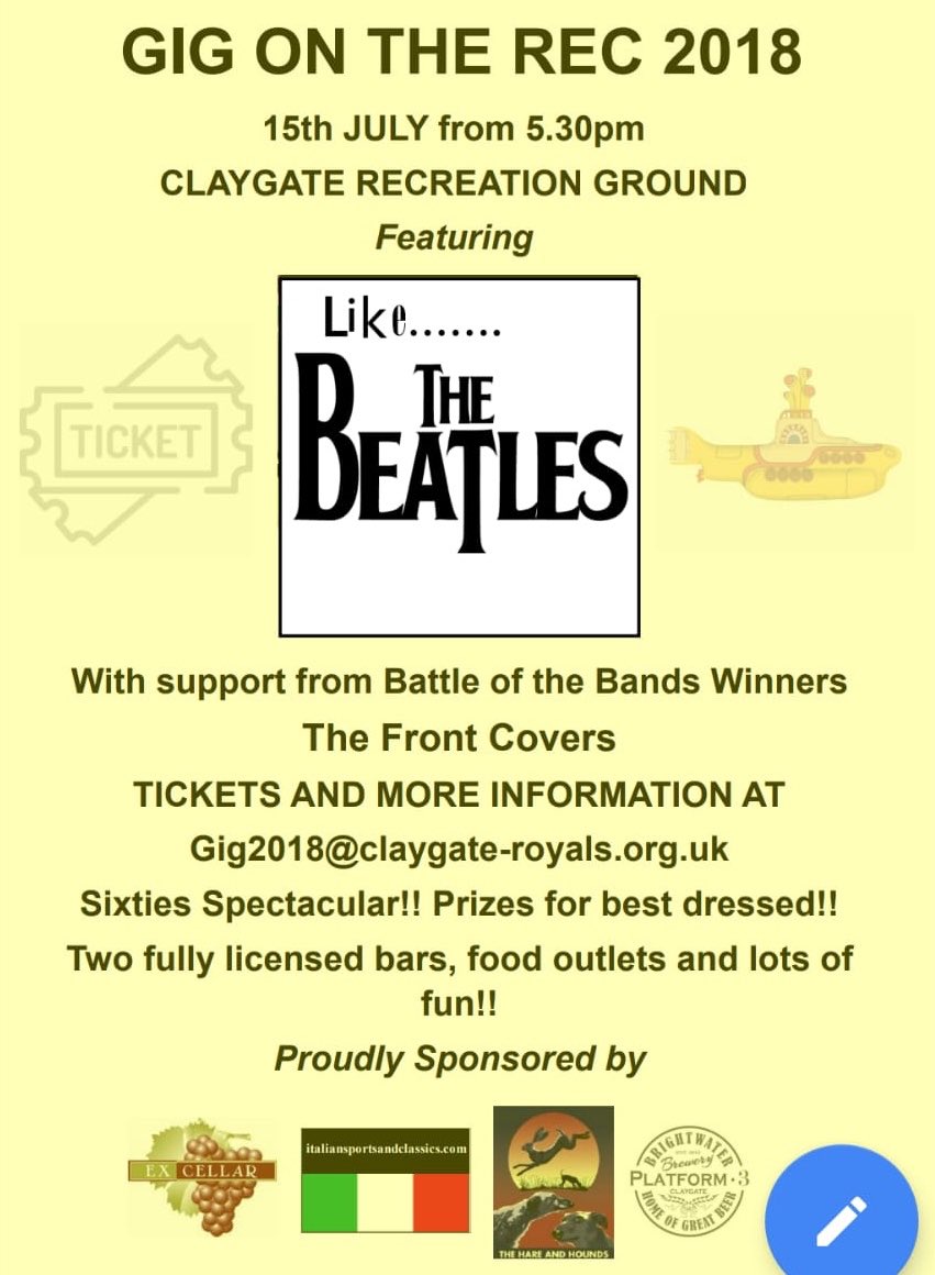 Gig on the Rec (@gigontherec) on Twitter photo Tickets still available for Gig On The Rec 🎸featuring Like The Beatles on Sun 15th July from 5.30pm. Email gig2018@claygate-royals.org.uk for tickets. #ClaygateGig2018 Tickets still available for Gig On The Rec 🎸featuring Like The Beatles on Sun 15th July from 5.30pm. Email gig2018@claygate-royals.org.uk for tickets. #ClaygateGig2018