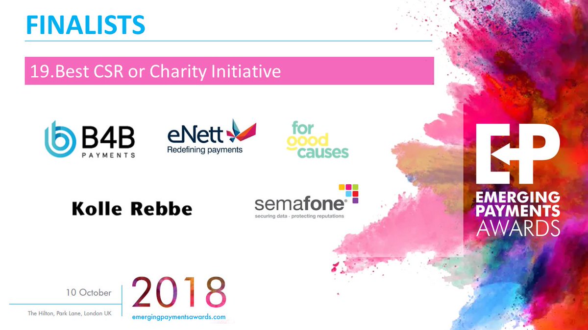 EPAwards's tweet photo. 🍾Last but not least, the shortlisted companies for Best CSR or Charity Initiative are...🍾
@ForGoodCausesUK
@enettnews
@B4BPayments
@Semafone
@kollerebbe

#EPAwards18 https://t.co/an65EZhsY0
