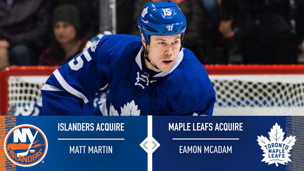 #Isles Transaction: The team has acquired Matt Martin from the Toronto Maple Leafs in exchange for Eamon McAdam. 

Details: atnhl.com/2KCjk5Z