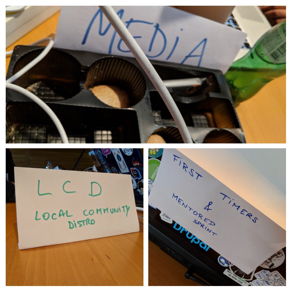 Some contribution teams at <a href="/drupaldevdays/">Drupal Dev Days</a> have signs on their table. The <a href="/DrupalMedia/">Drupal Media</a> team even have cookies! If you are looking to contribute, find the team in your interest area and talk to them. #DrupalDevDays
