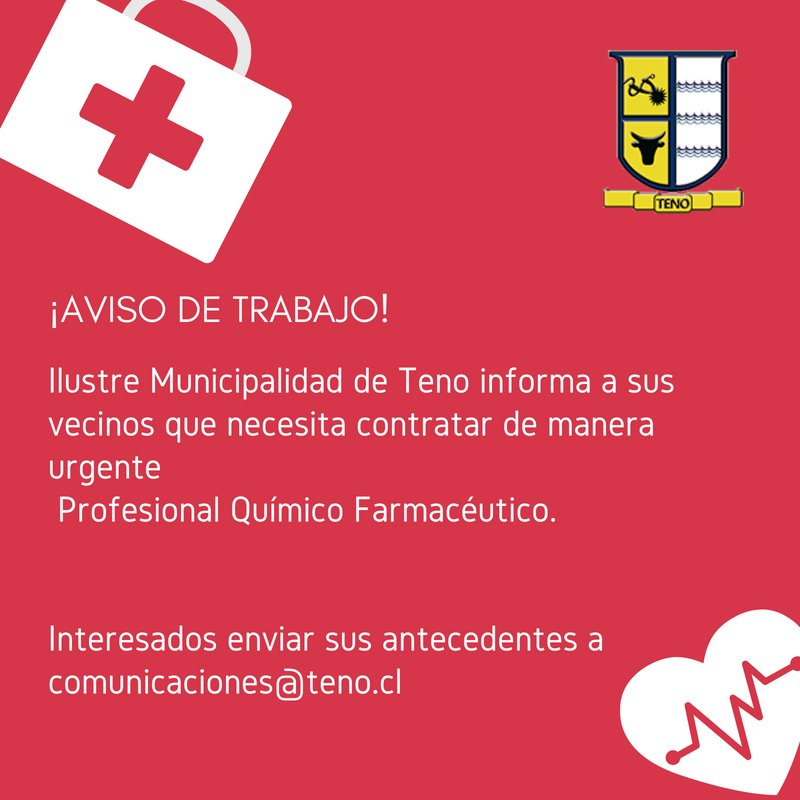 Se necesita contratar Químico Farmaceutico  <a href="/Dptodeprensa/">Info de Curicó.</a> <a href="/Muni_Curico/">Municipalidad de Curicó</a> <a href="/Raucoavanza/">Municipalidad Rauco</a> <a href="/msagradafamilia/">Muni Sagrada Familia</a> <a href="/cronicacurico/">CCN Crónica Noticias</a> <a href="/HugoReyM/">Diputado Hugo Rey</a> <a href="/Celsomorales/">Celso Morales</a> @consejoregmaule