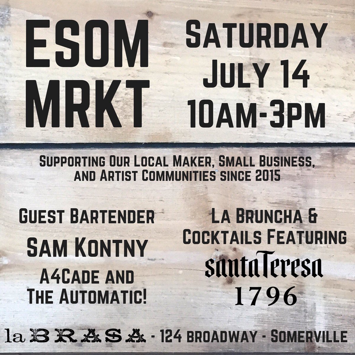 Our next #ESomMarket is happening July 14! Hot summer weather got you thirsty? Sam Kontny from <a href="/A4cade/">Speakeasy Fridge</a> <a href="/TheAutomaticBar/">The Automatic</a> will be on the bar serving up the #brunch #cocktails, featuring <a href="/SantaTeresaRum/">Santa Teresa Rum</a>!
Check out our lineup then come #eatbrunchbuystuff!
facebook.com/events/1648891…
