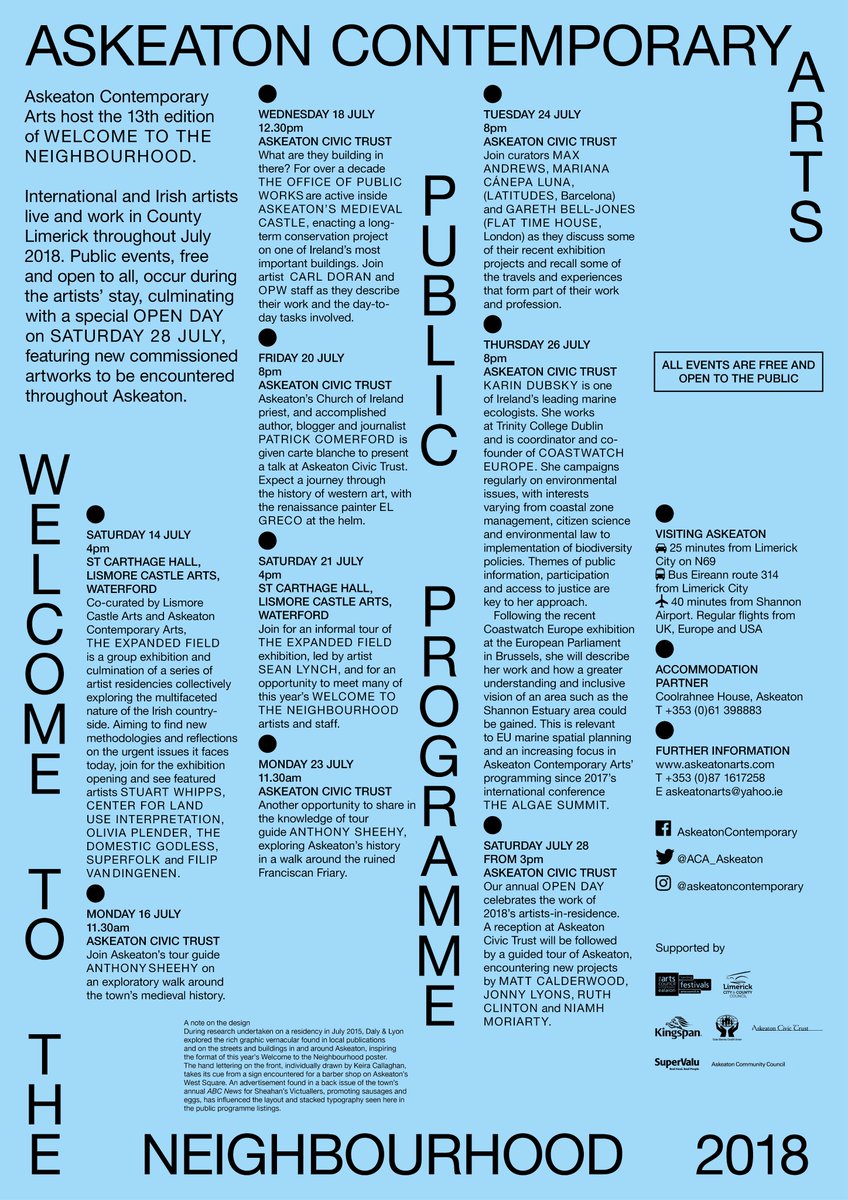 ACA_Askeaton's tweet photo. Now less than 2 weeks to go, start planning which of these free events you're going to attend as part of this years Welcome to the Neighbourhood #artistsresidency and #festival. It's all starting this month! #Askeaton #Publictalks #Contemporaryart #Irishenvironment #Limerick https://t.co/COhi9vaYSf