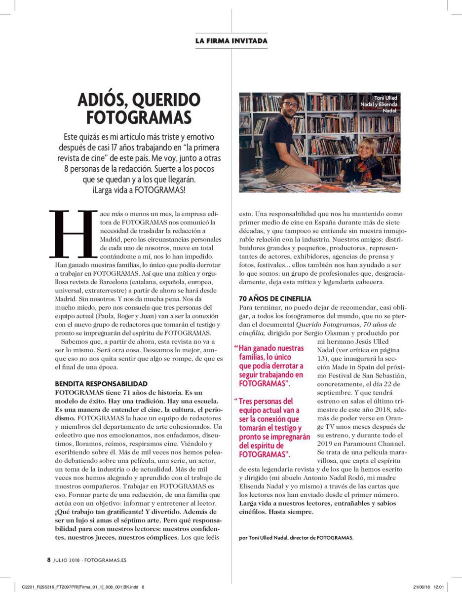 oyejuan's tweet image. Esta es la emotiva despedida de la redacción de Barcelona de @fotogramas_es dirigida a sus fieles lectores. No la veréis en la revista, así que, por favor, difundidla. Que llegue a todos los lectores, sus legítimos receptores