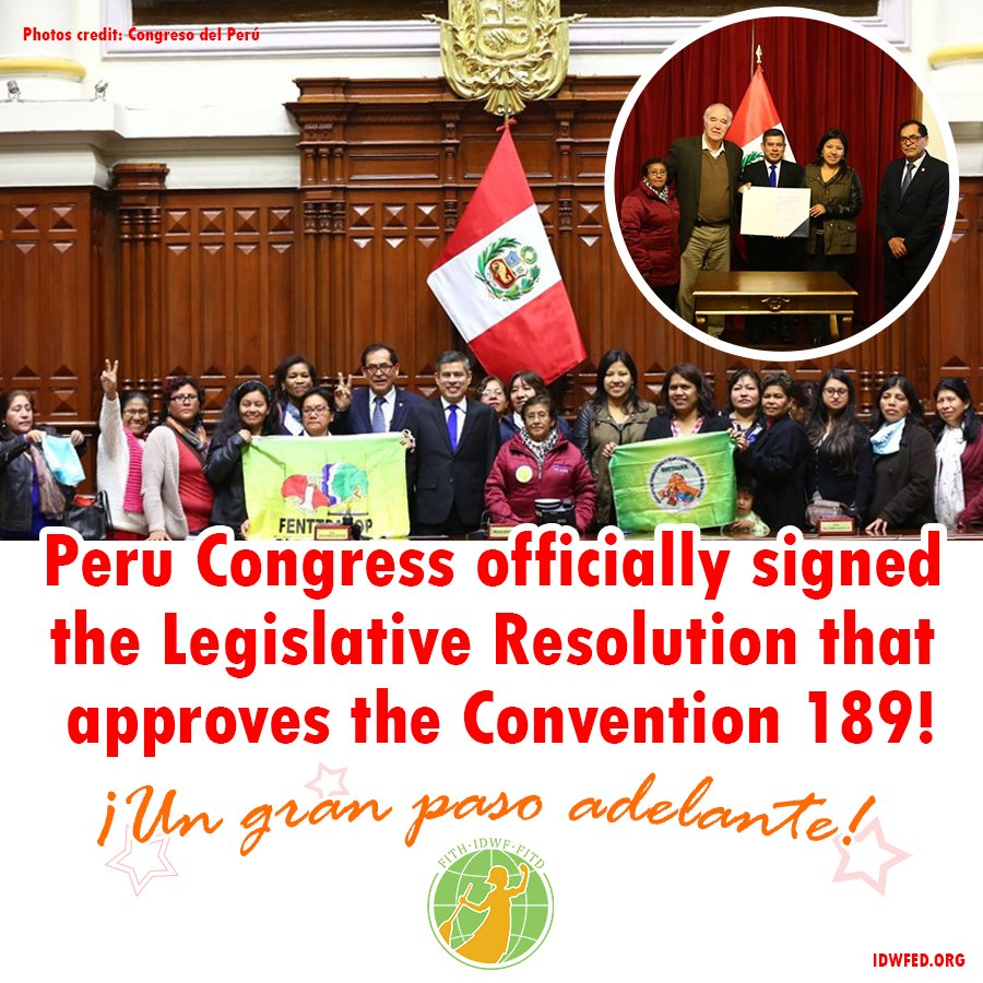 IDWFED's tweet photo. #PERU:  A big step forward! https://t.co/hd3513ZapK The Congress President, Luis Galarreta Velarde, signed on July 2 the autograph of the Legislative Resolution that approves the ILO agreement on work for #domesticworkers. #trabajadorasdelhogars #ratificac189 #Perú #ratifyc189 https://t.co/gWaQN8xpYb